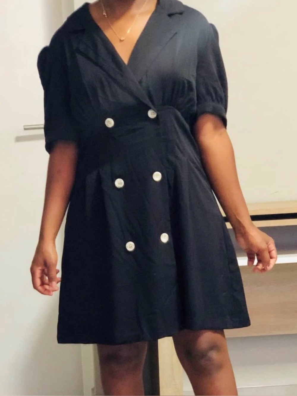 Korean Double breasted coat mini baby doll dress in black